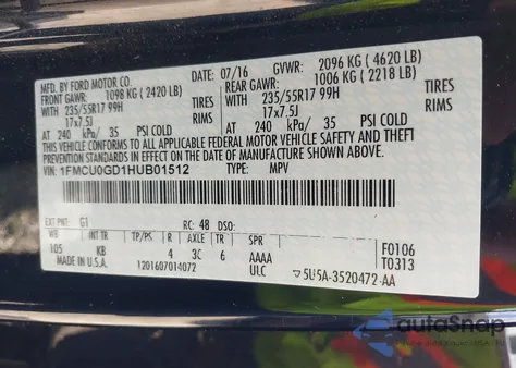 2017 Ford Escape Se из США, поврежденный, VIN 1FMCU0GD1HUB01512